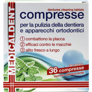 Medicaldent 36 compresse per la pulizia della dentiera e apparecchi ortodontici efficace contro le macchie azione rinfrescante